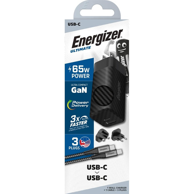 Energizer Ultimate 65W PD/QC Wall Charger with Universal Plug, GaN Technology, Dual Output, USB-C to USB-C Braided Cable, Black Energizer Ultimate 65W PD/QC Wall Charger with Universal Plug, GaN Technology, Dual Output, USB-C to USB-C Braided Cable, Black